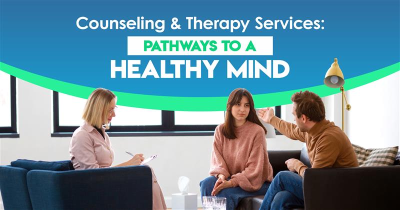 Counseling & Therapy Services: Pathways to a Healthy Mind 1 Counseling and therapy session illustrating pathways to a healthy mind, with a therapist guiding two clients—mental health support concept.
